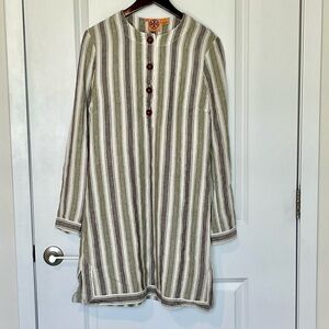 Tory Burch Olive and Cream Striped Linen Tunic